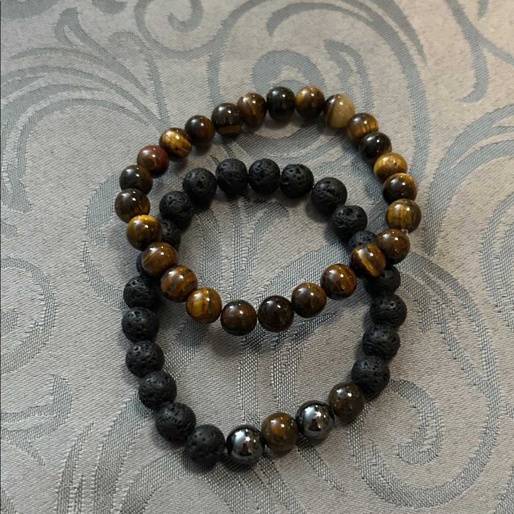 Tiger Eye, Hematite and Black Lava Bead Bracelets